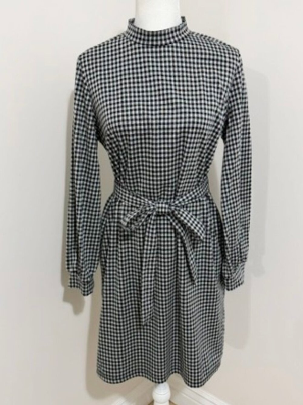 Lucky Brand Black & White Gingham Long Sleeve Tie-Waist Dress Size L